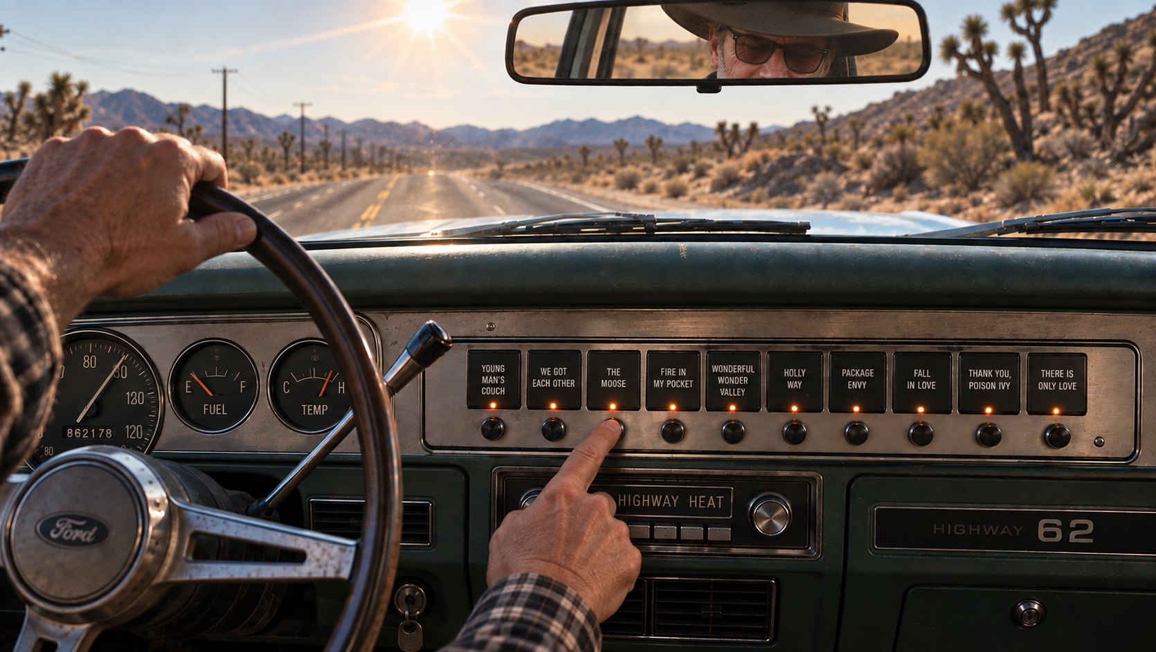 Driving Highway 62 through the Joshua trees in an old Ford &mdash; ten song buttons across the dashboard